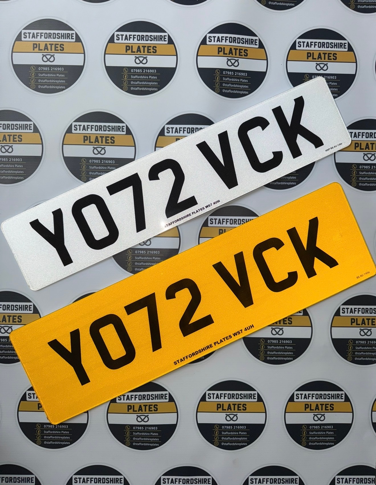 White and yellow YO72 VCK custom number plates