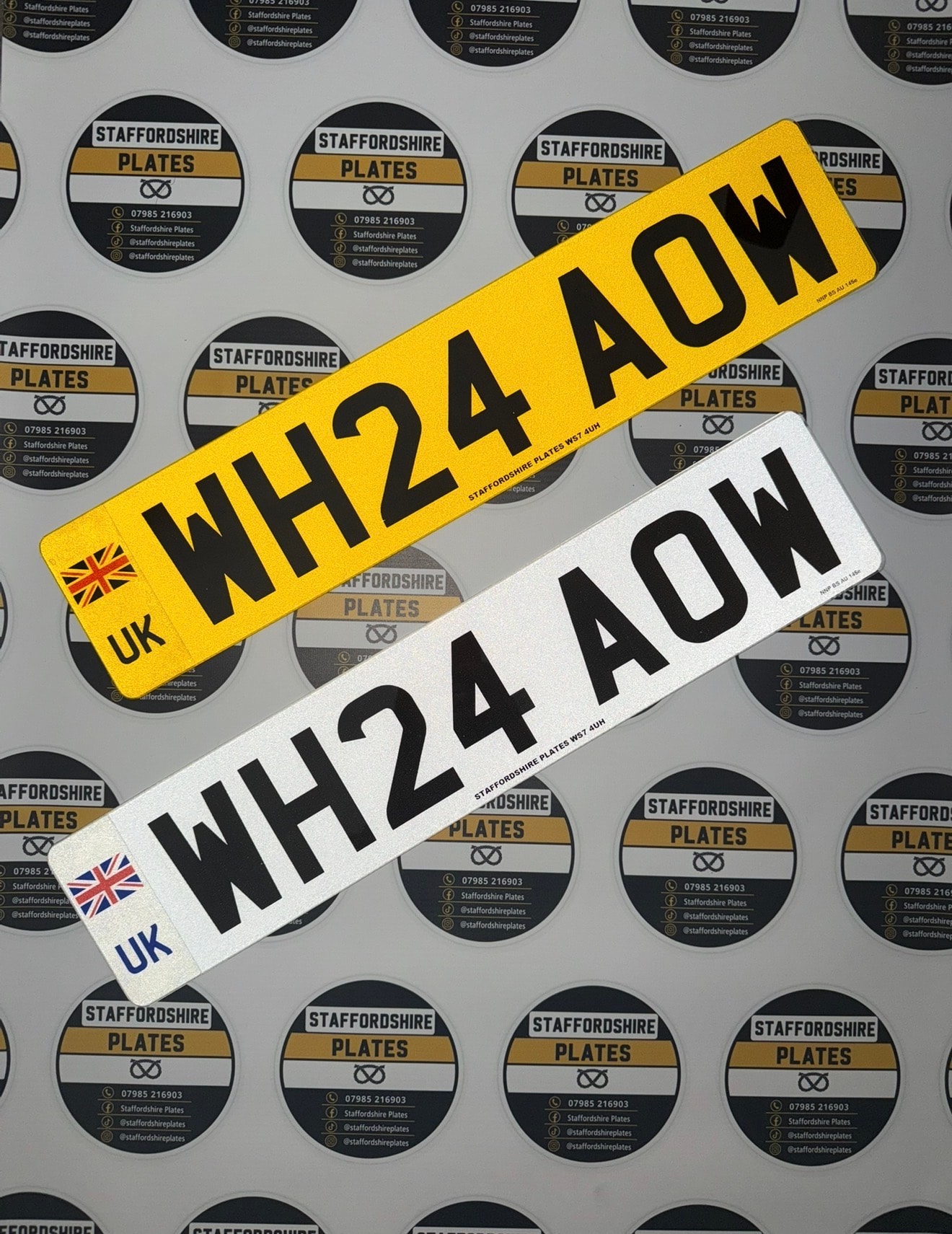 White and yellow WH24 AOW custom number plates