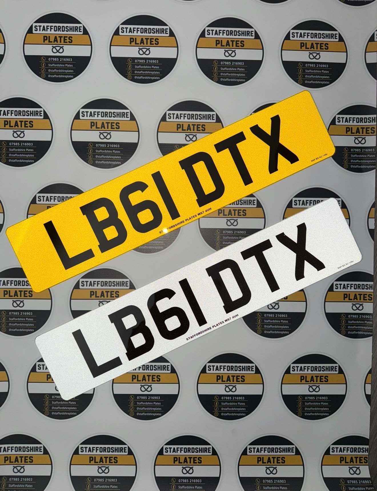 White and yellow LB61 DTX custom number plates