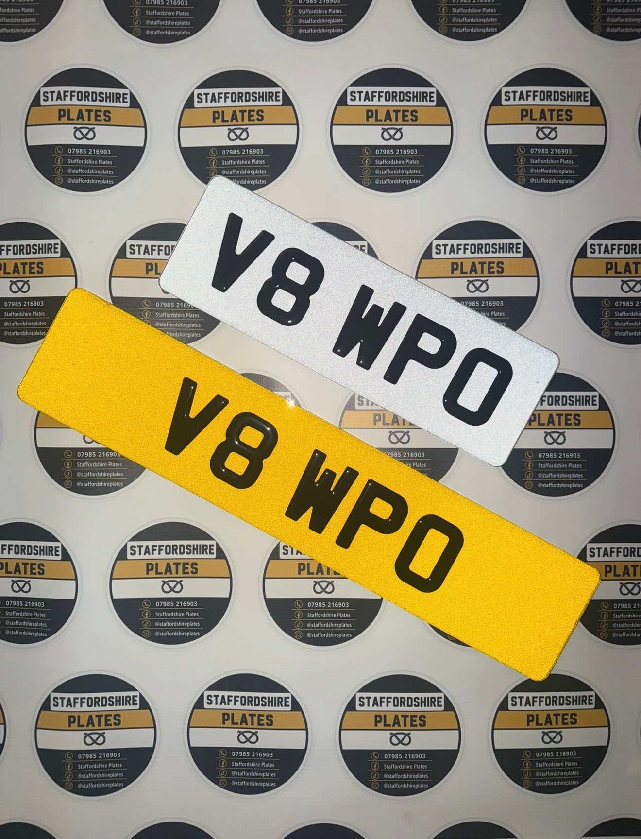 White and yellow V8 WPO custom number plates