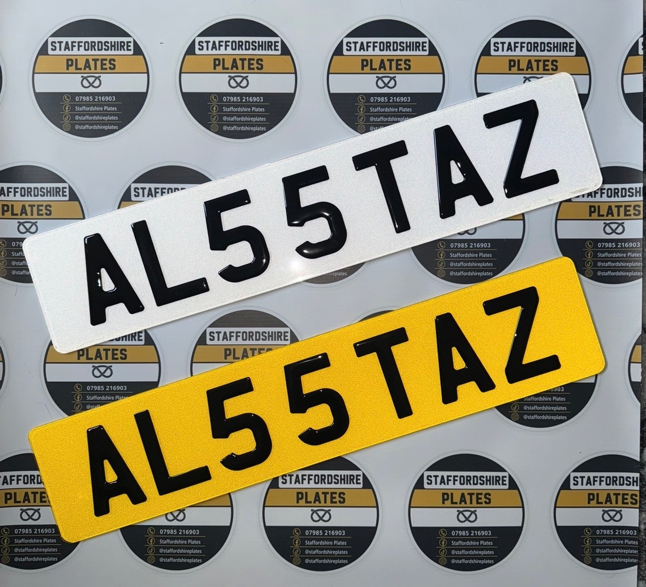 White and yellow AL55 TAZ 3D Gel number plates
